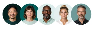 Five circular profile portraits in WaTrack brand colors