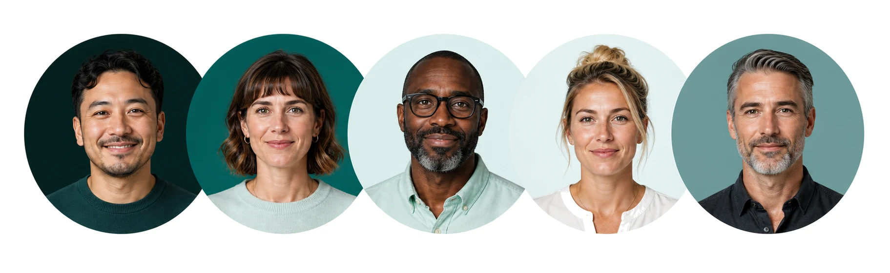 Five circular profile portraits in WaTrack brand colors